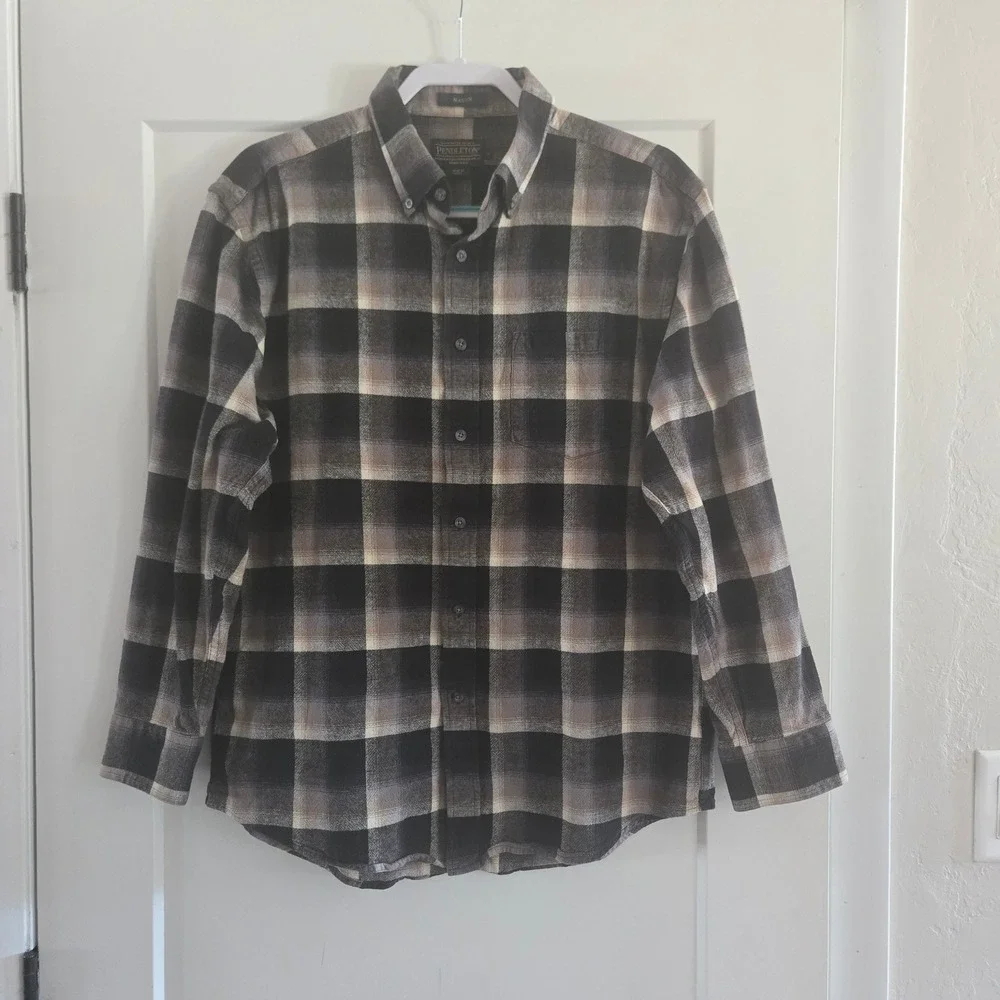 Pendleton Shirt Mason Mens Large Flannel Cotton Black Tan Plaid Long Sleeve